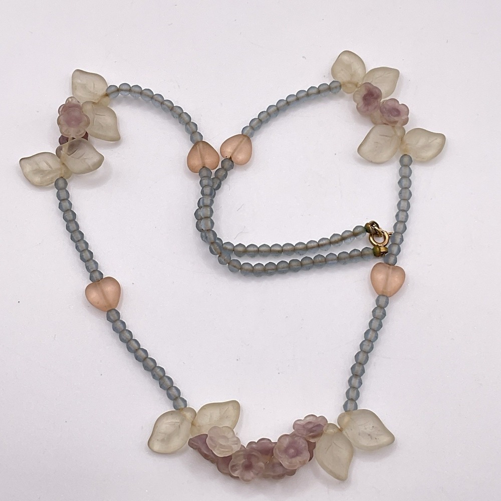 Frosted Art Glass Necklace Fairycore 17" Floral Pinks Purple Romantic Spring